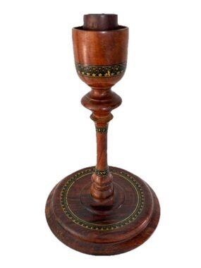 Hand Crafted Brown Wooden Candle Holder with Gold Banding